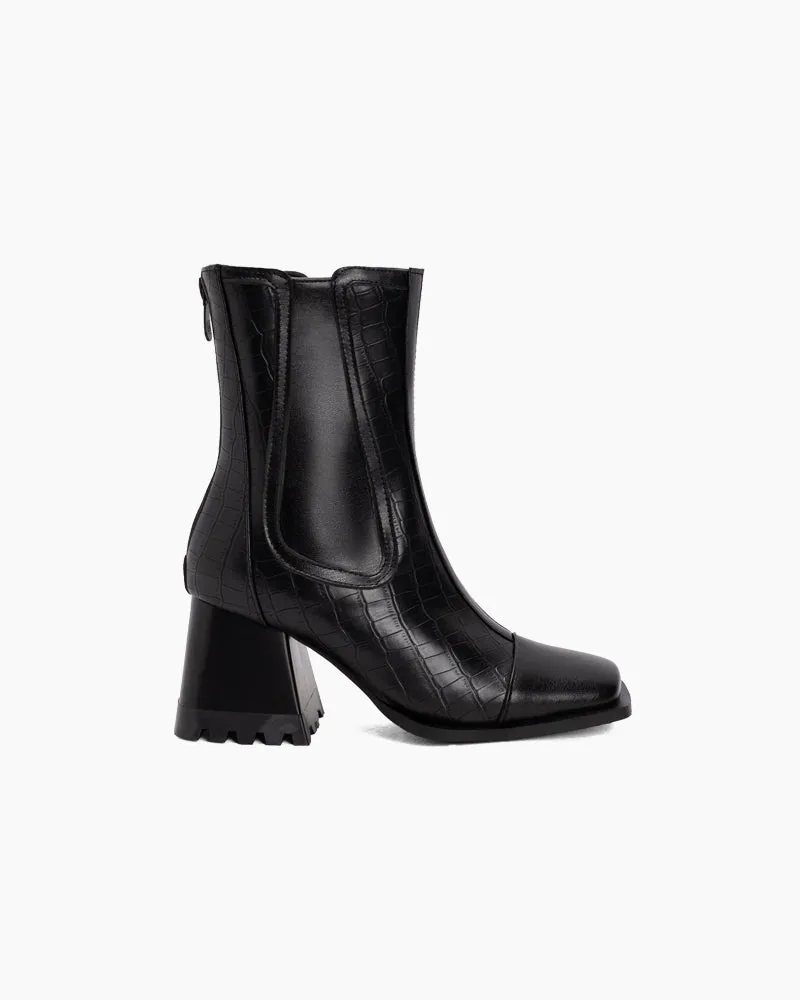 Square Toe Chunky Block Mid Heel Zipper Boots
