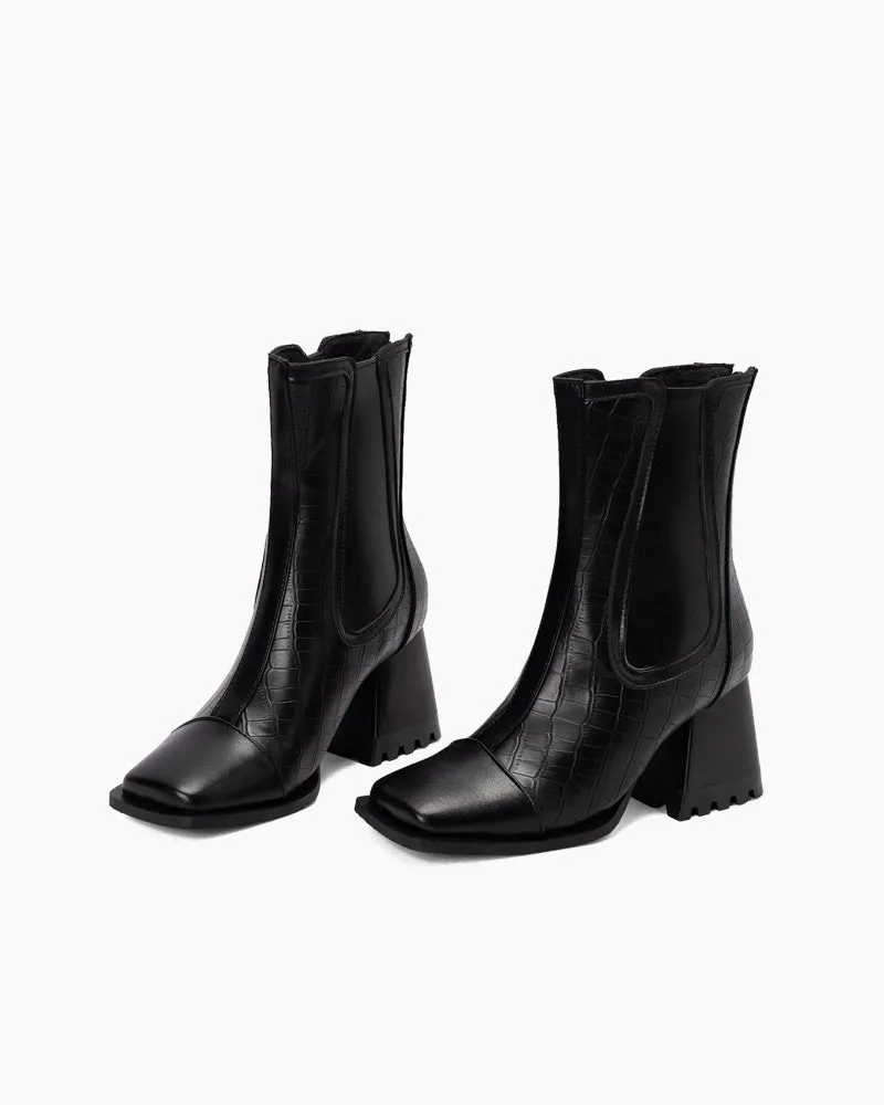Square Toe Chunky Block Mid Heel Zipper Boots