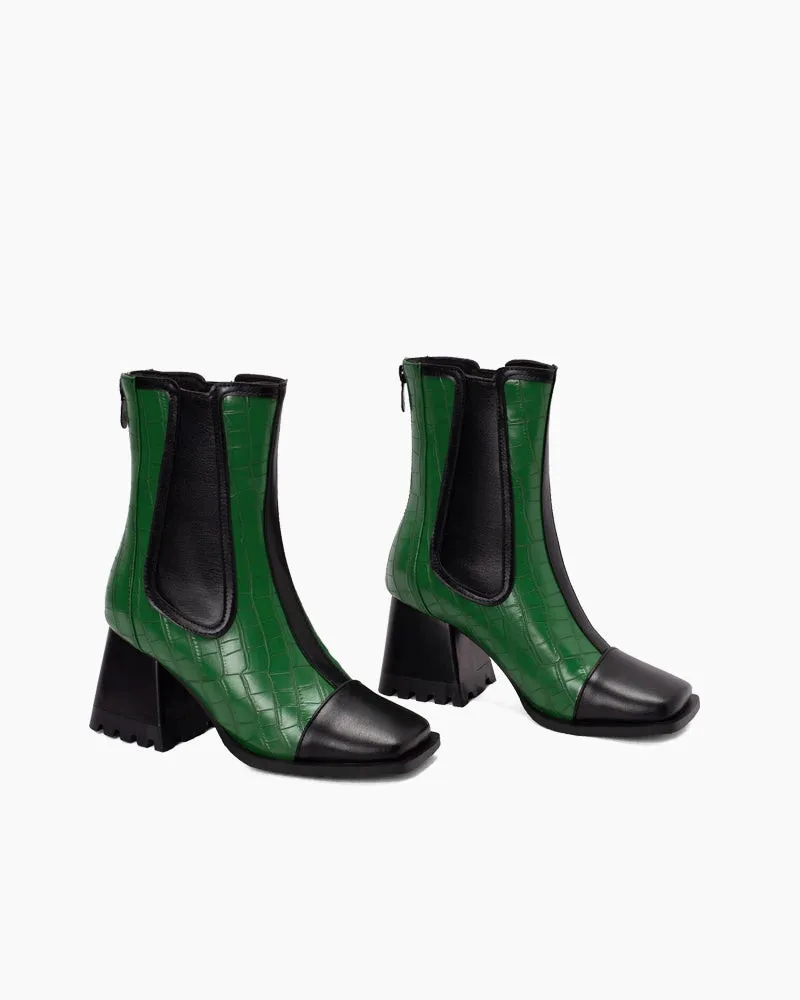 Square Toe Chunky Block Mid Heel Zipper Boots