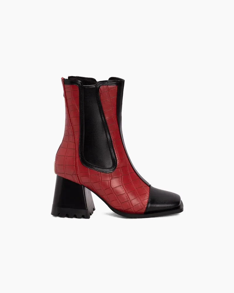 Square Toe Chunky Block Mid Heel Zipper Boots