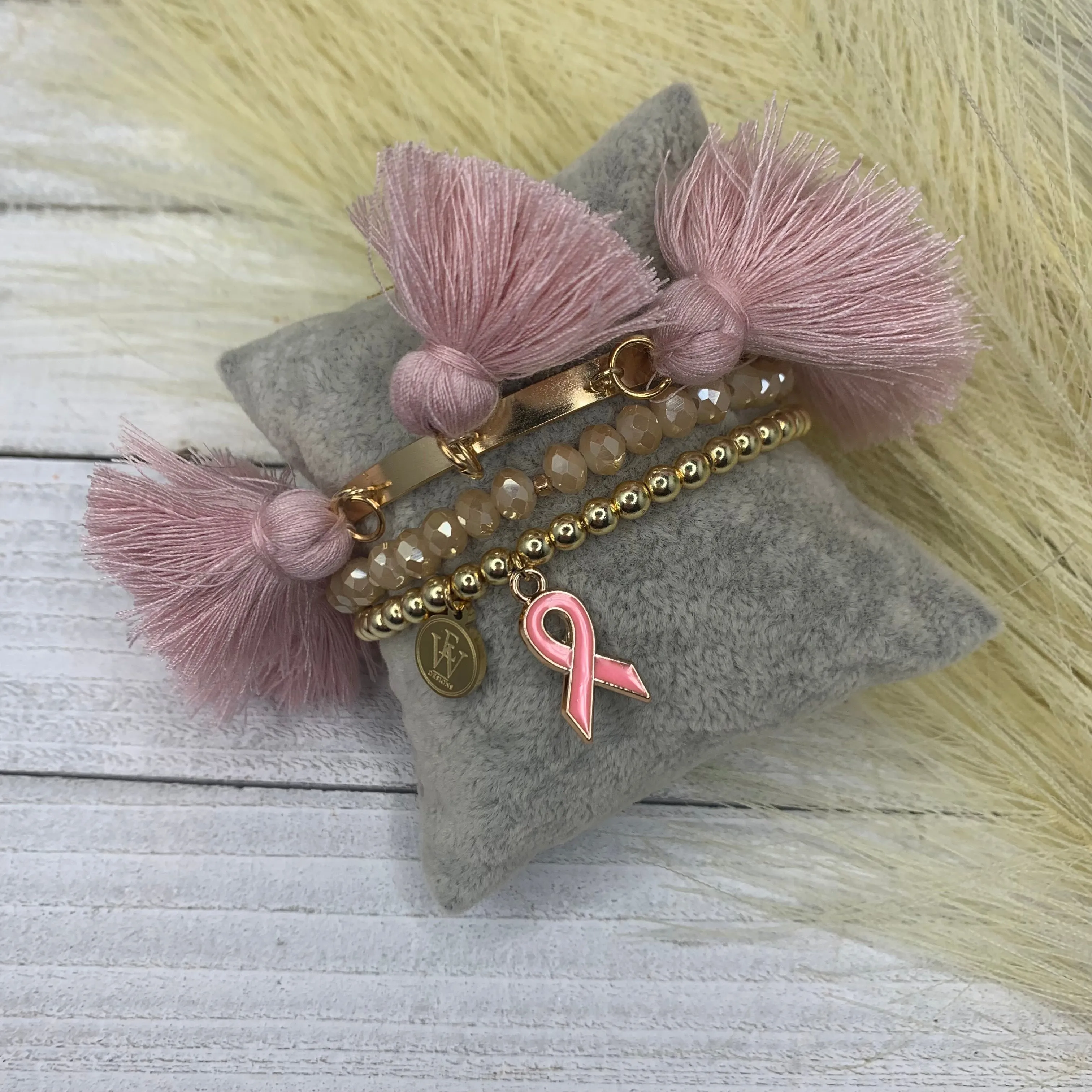 Stainless Steel plated stretchy bracelets with pink ribbon charm  430-08 | Erika Williner Designs