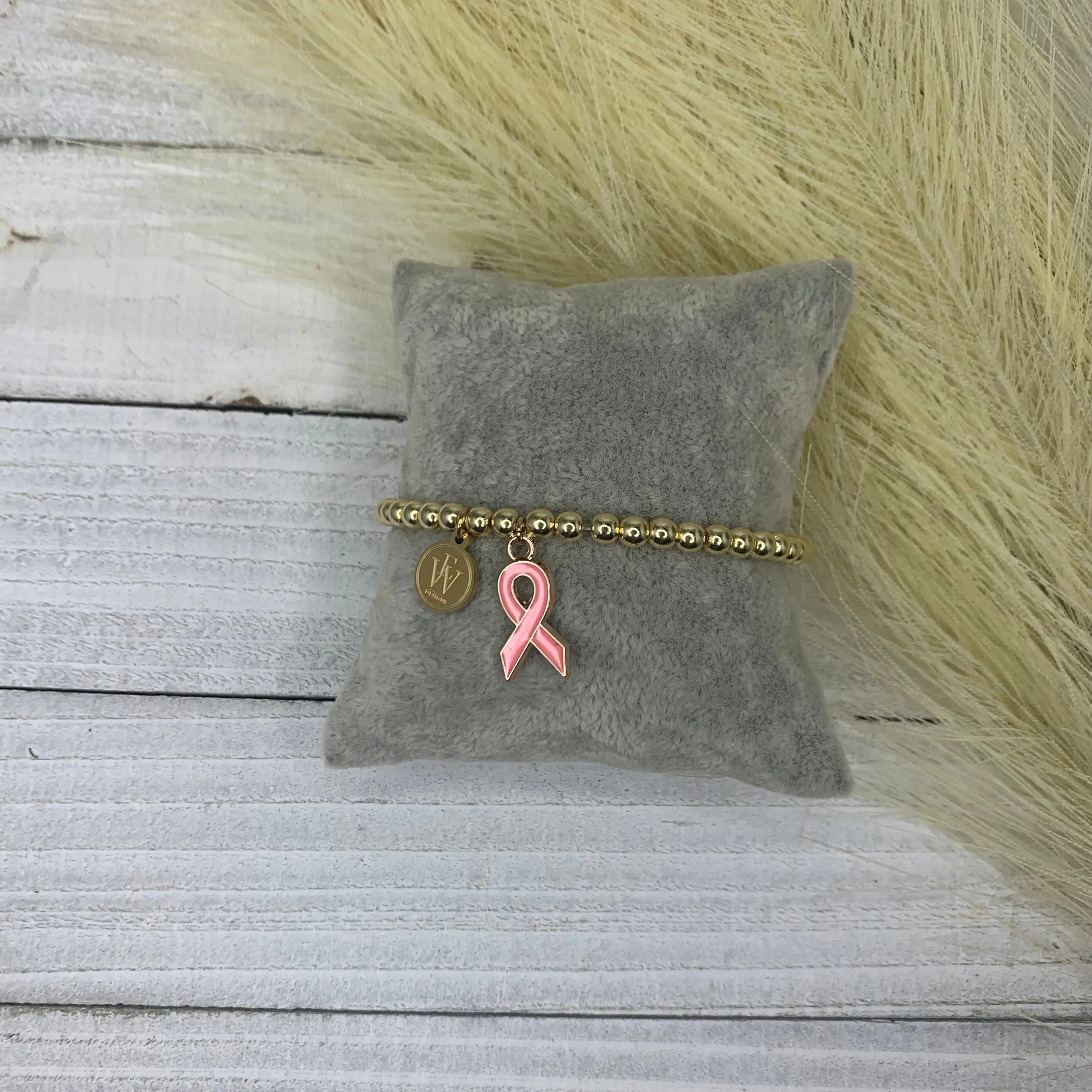 Stainless Steel plated stretchy bracelets with pink ribbon charm  430-08 | Erika Williner Designs