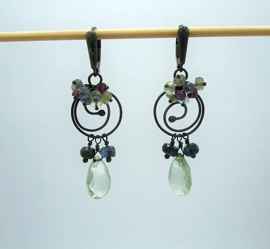 Sterling Silver Swirl Chandelier Earrings-Prasiolite Kyanite Tanzanite Labradorite Aquamarine Garnet