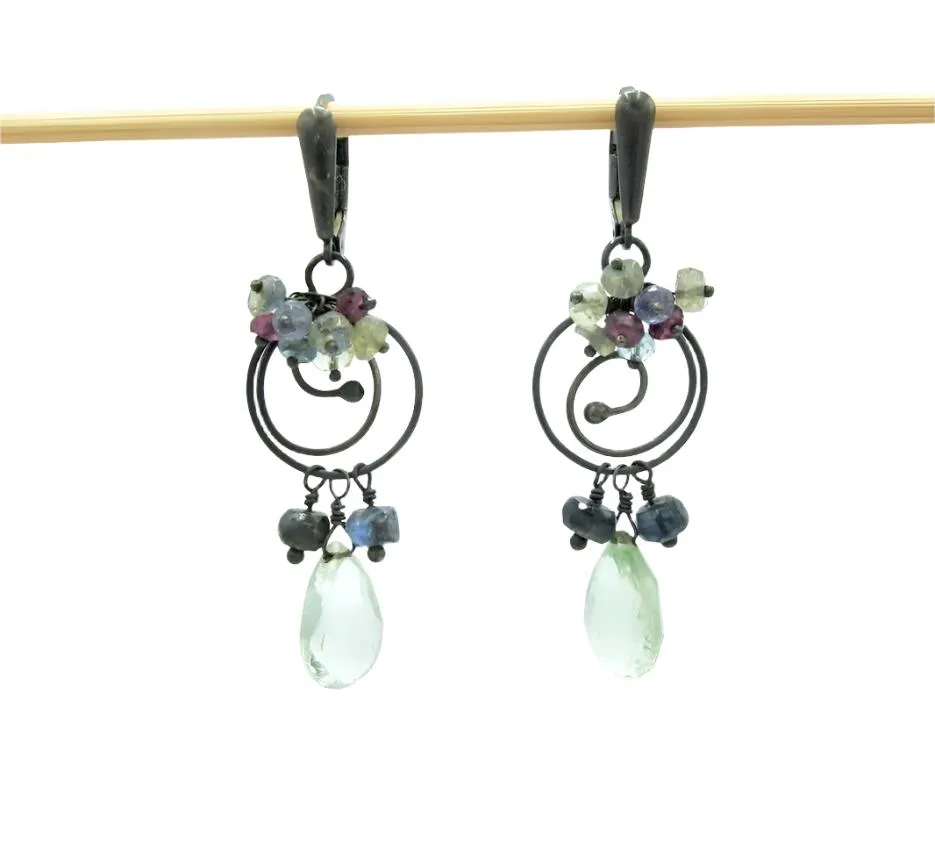 Sterling Silver Swirl Chandelier Earrings-Prasiolite Kyanite Tanzanite Labradorite Aquamarine Garnet