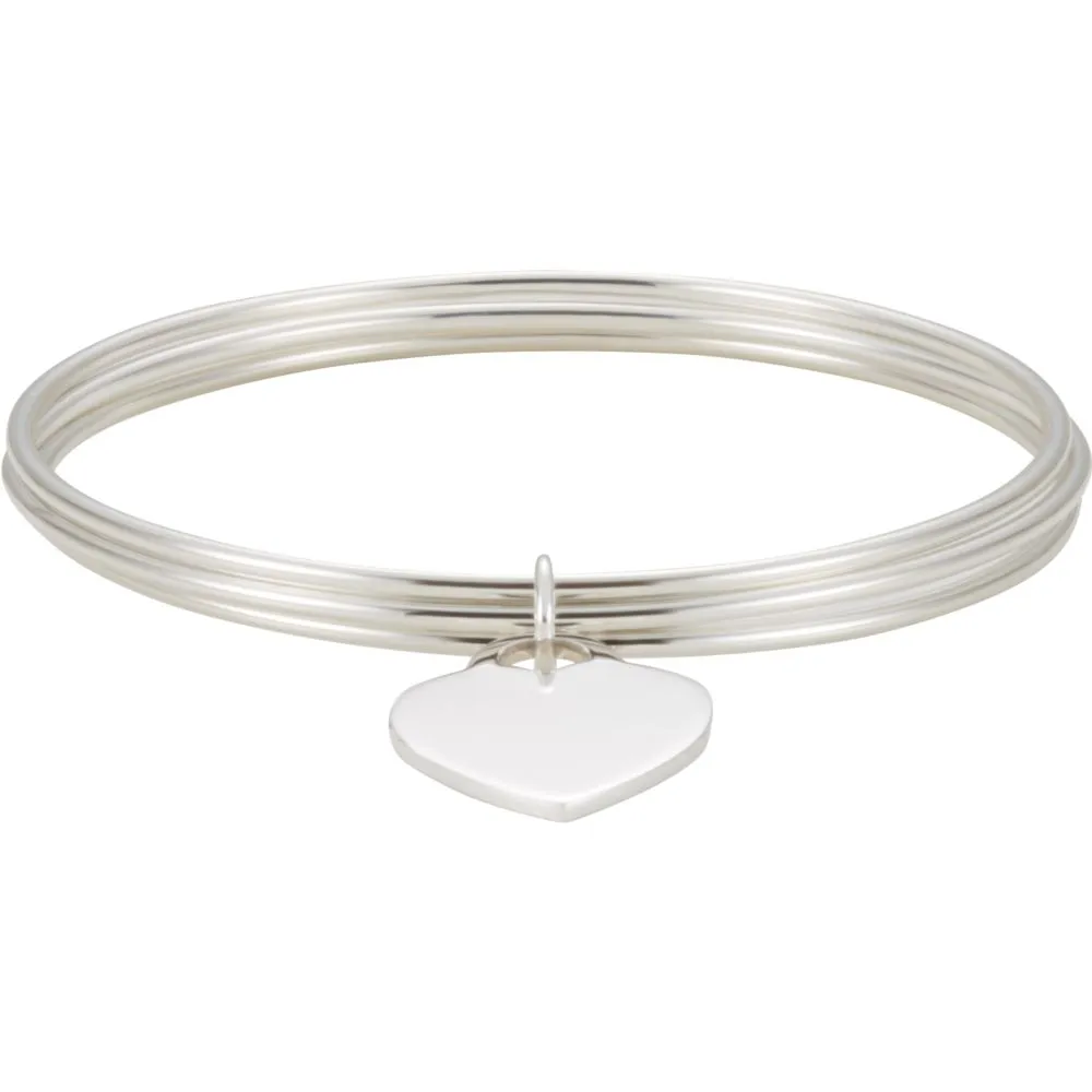 Sterling Silver Triple Bangle 8" Bracelet with Heart Dangle
