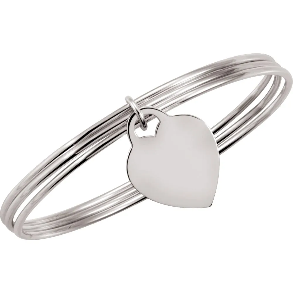 Sterling Silver Triple Bangle 8" Bracelet with Heart Dangle