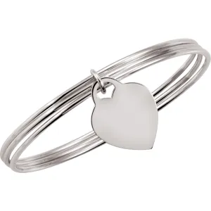 Sterling Silver Triple Bangle 8" Bracelet with Heart Dangle
