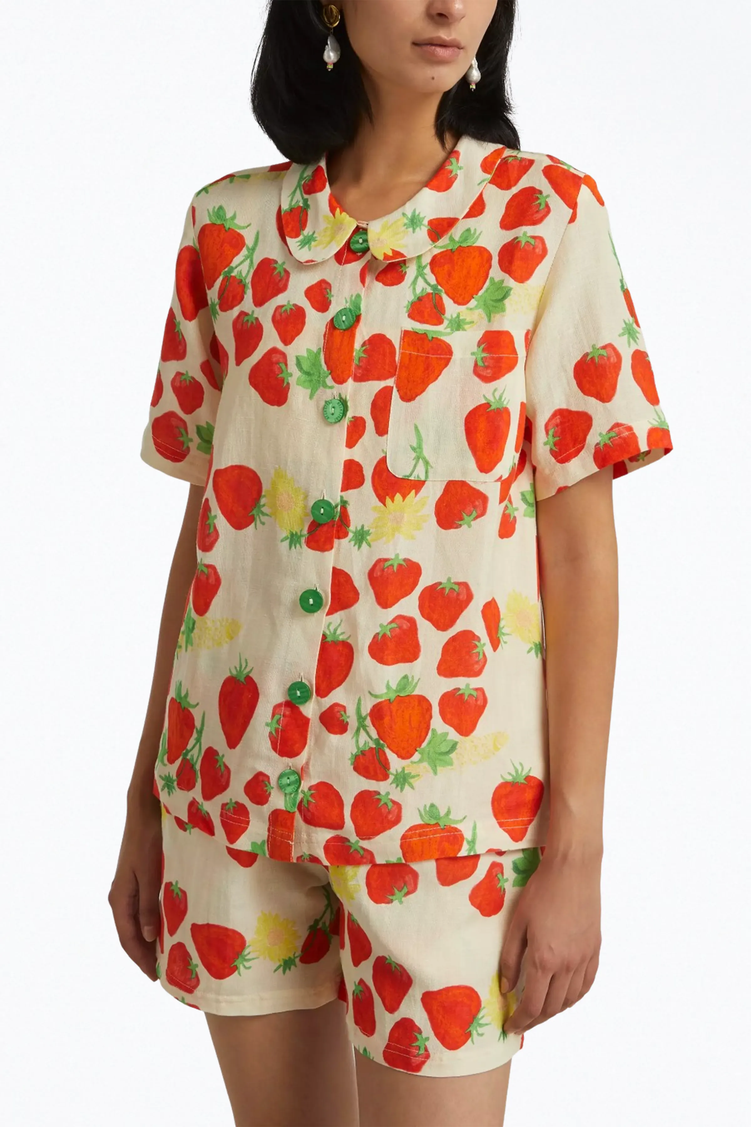STRAWBERRY-PRINT LINEN-BLEND SHIRT