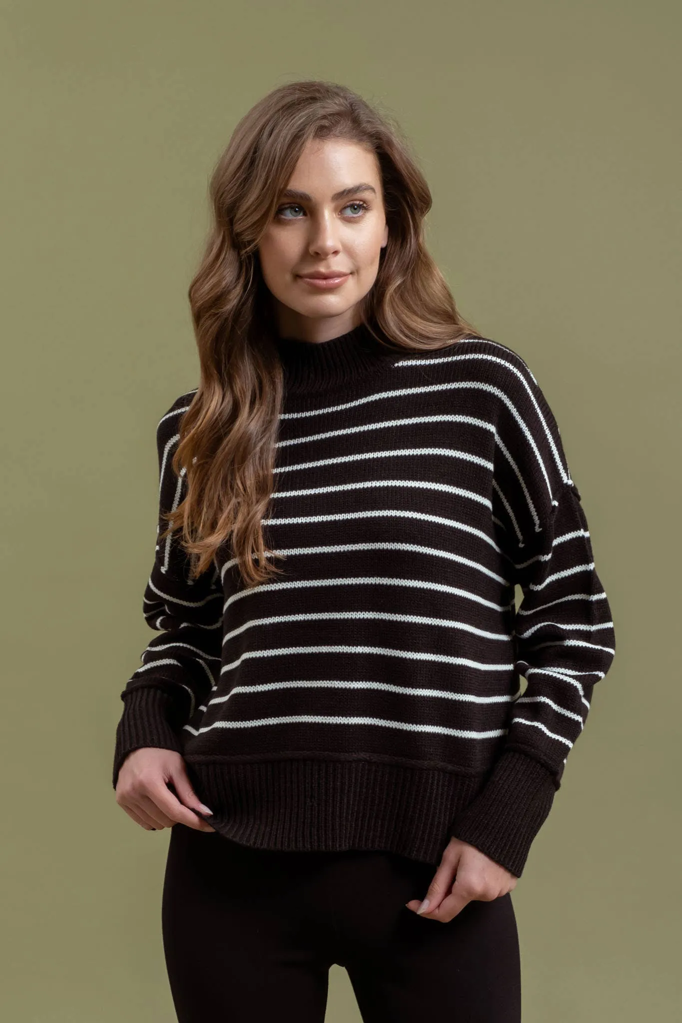 STRIPE MOCK NECK SIDE SPLIT KNIT PULLOVER SWEATER