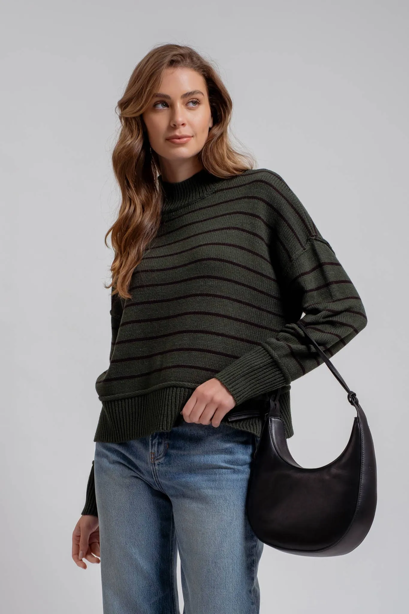 STRIPE MOCK NECK SIDE SPLIT KNIT PULLOVER SWEATER