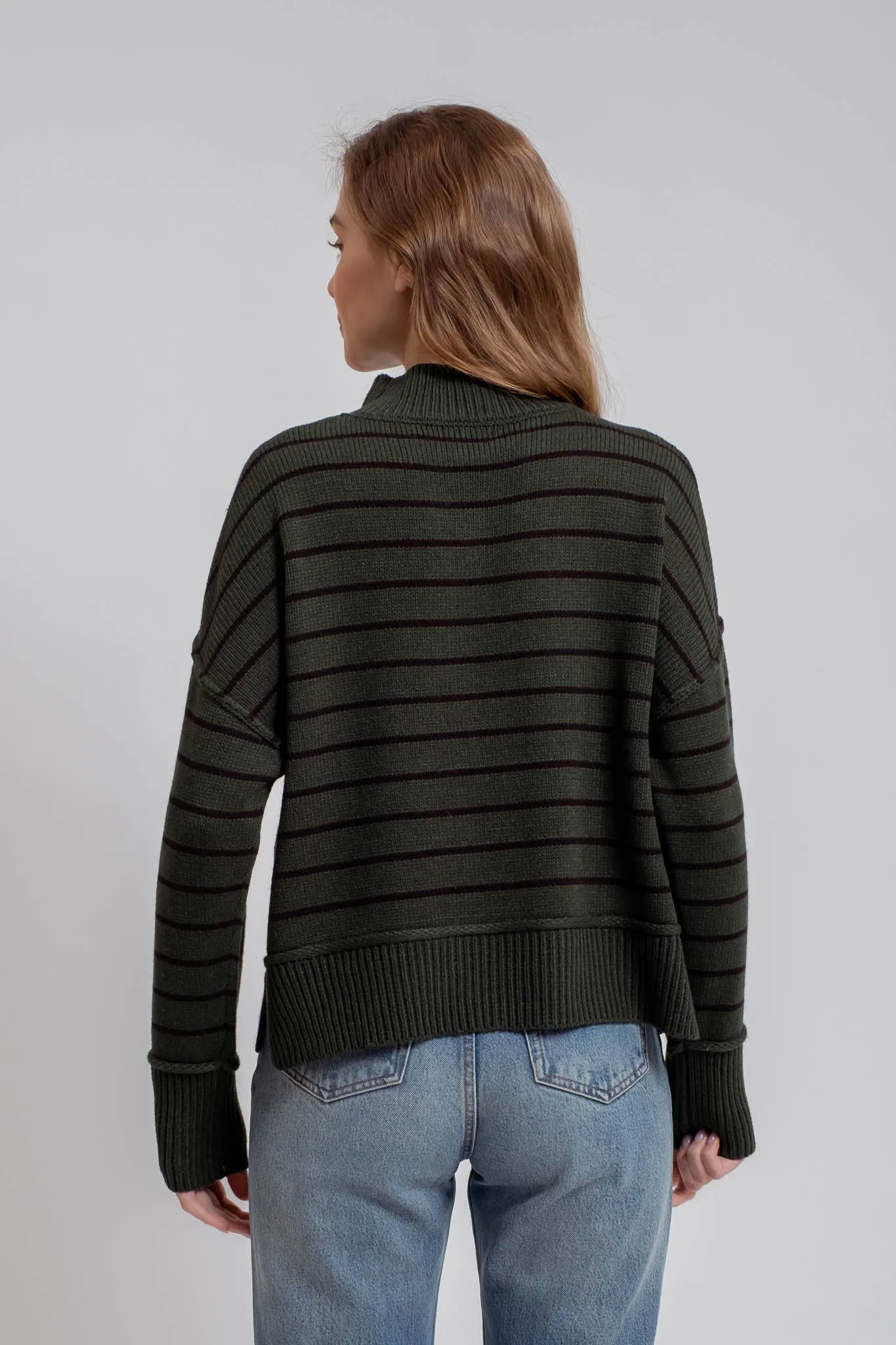 STRIPE MOCK NECK SIDE SPLIT KNIT PULLOVER SWEATER