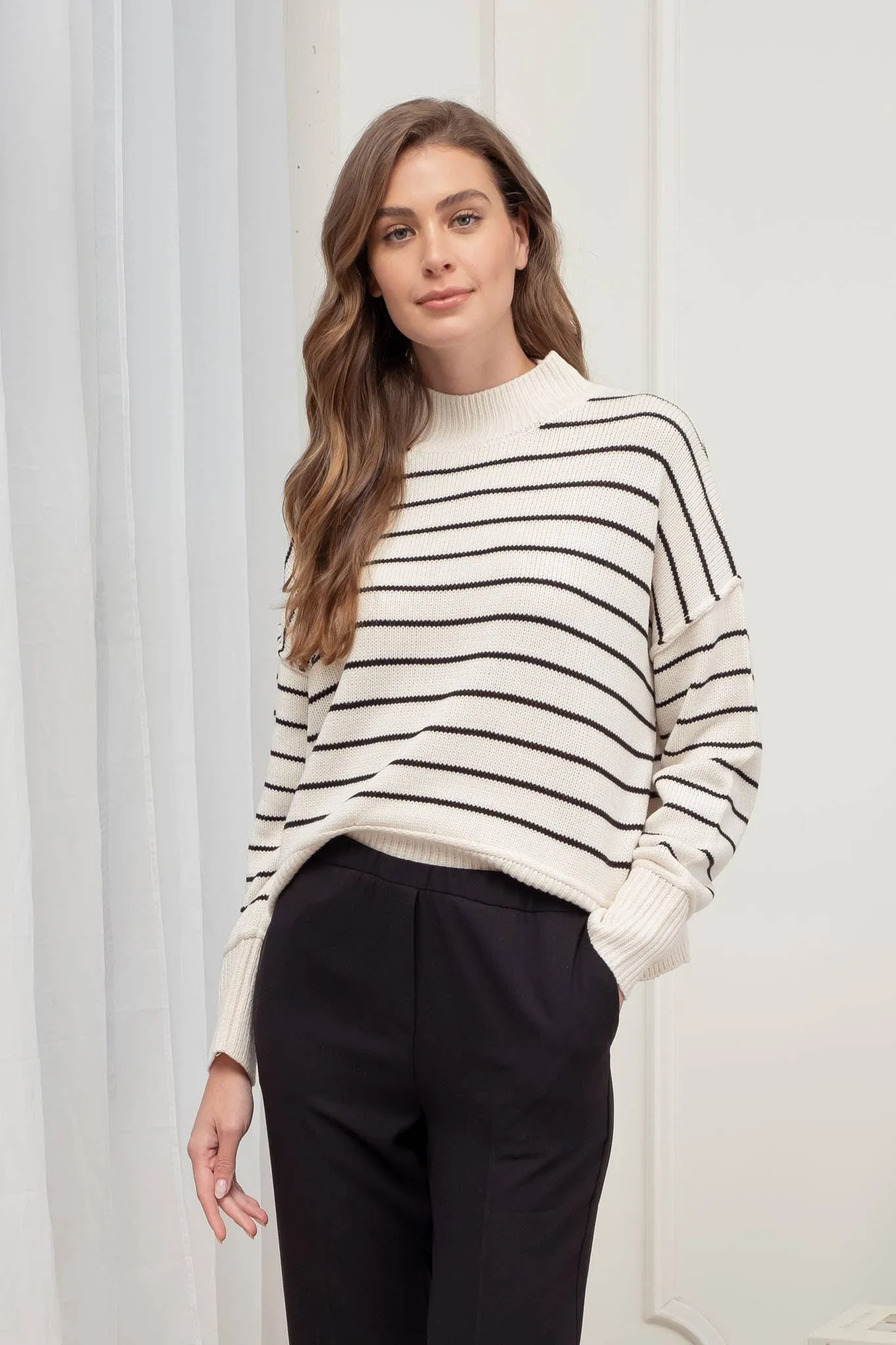 STRIPE MOCK NECK SIDE SPLIT KNIT PULLOVER SWEATER
