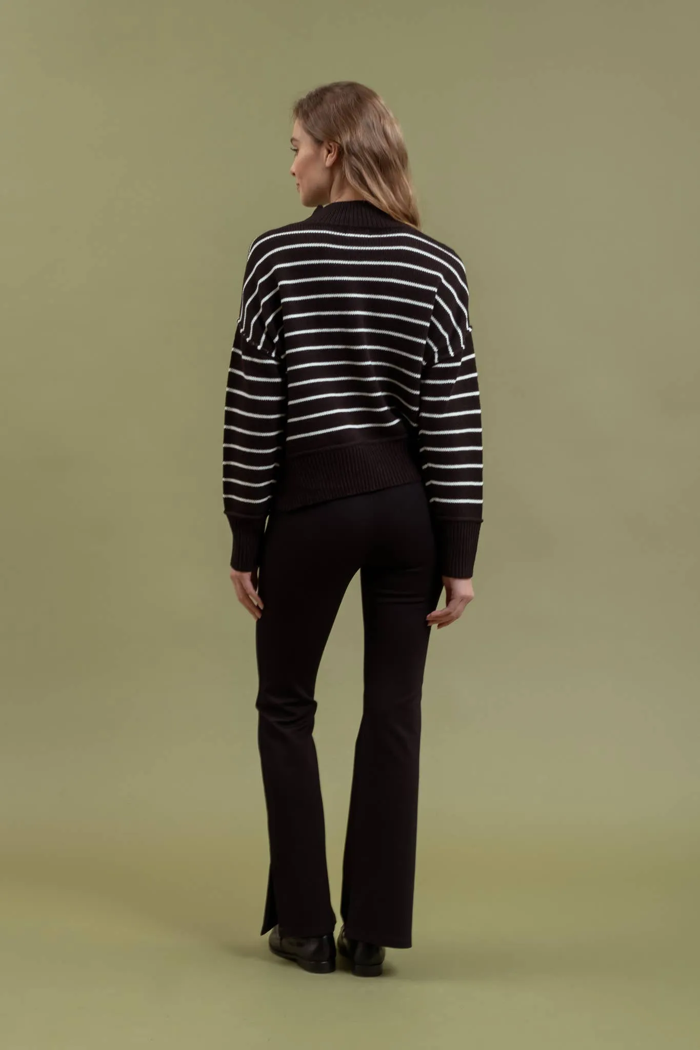 STRIPE MOCK NECK SIDE SPLIT KNIT PULLOVER SWEATER