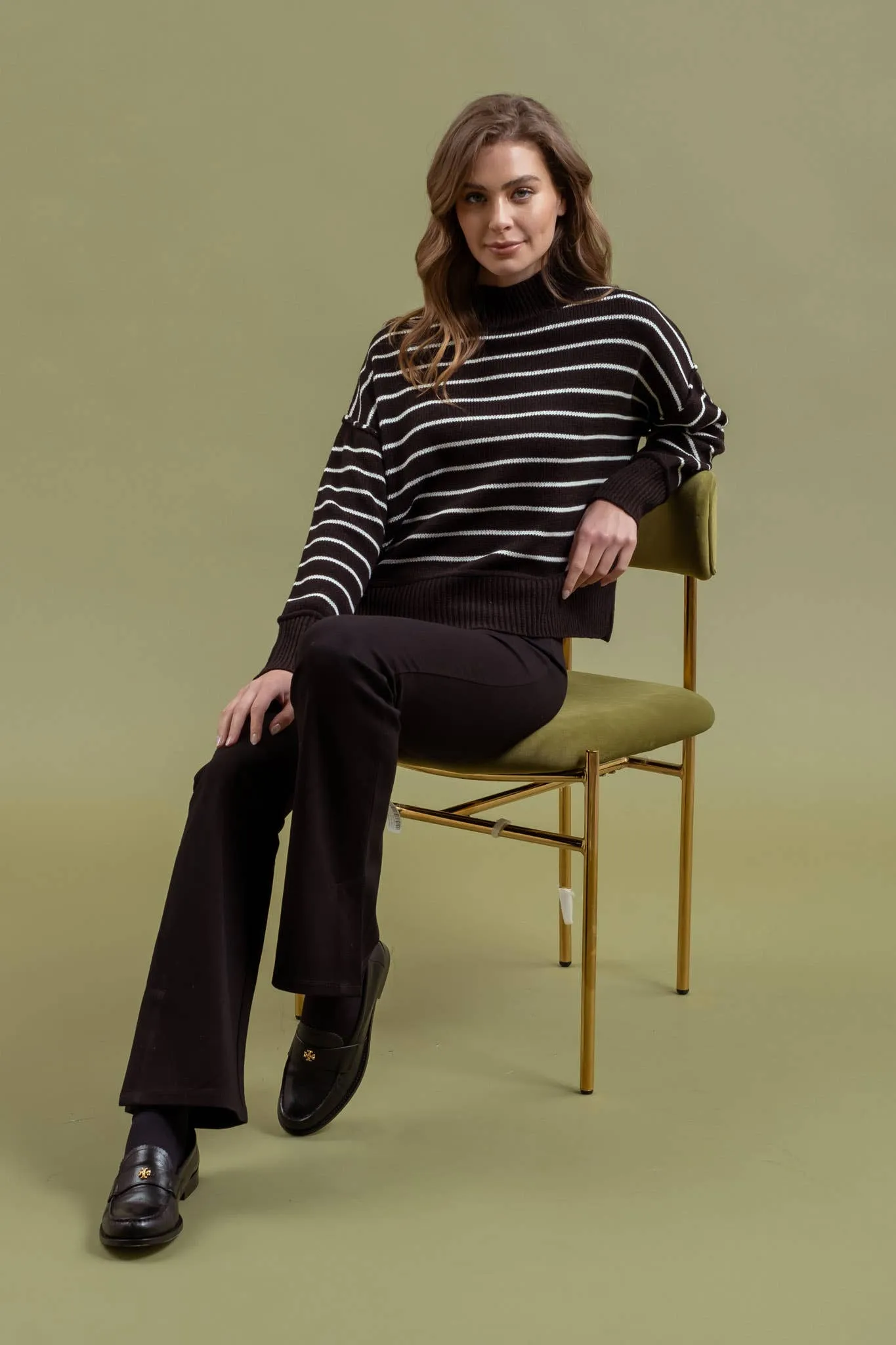 STRIPE MOCK NECK SIDE SPLIT KNIT PULLOVER SWEATER