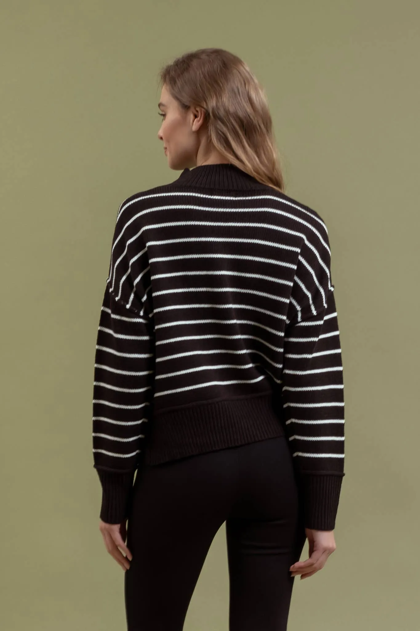 STRIPE MOCK NECK SIDE SPLIT KNIT PULLOVER SWEATER