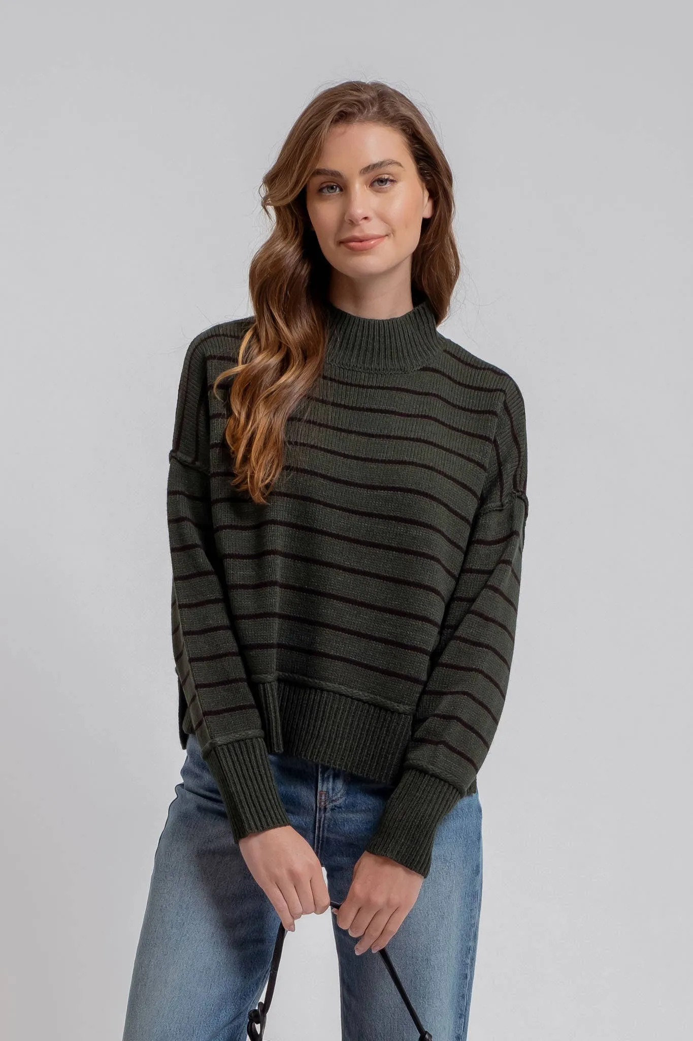 STRIPE MOCK NECK SIDE SPLIT KNIT PULLOVER SWEATER