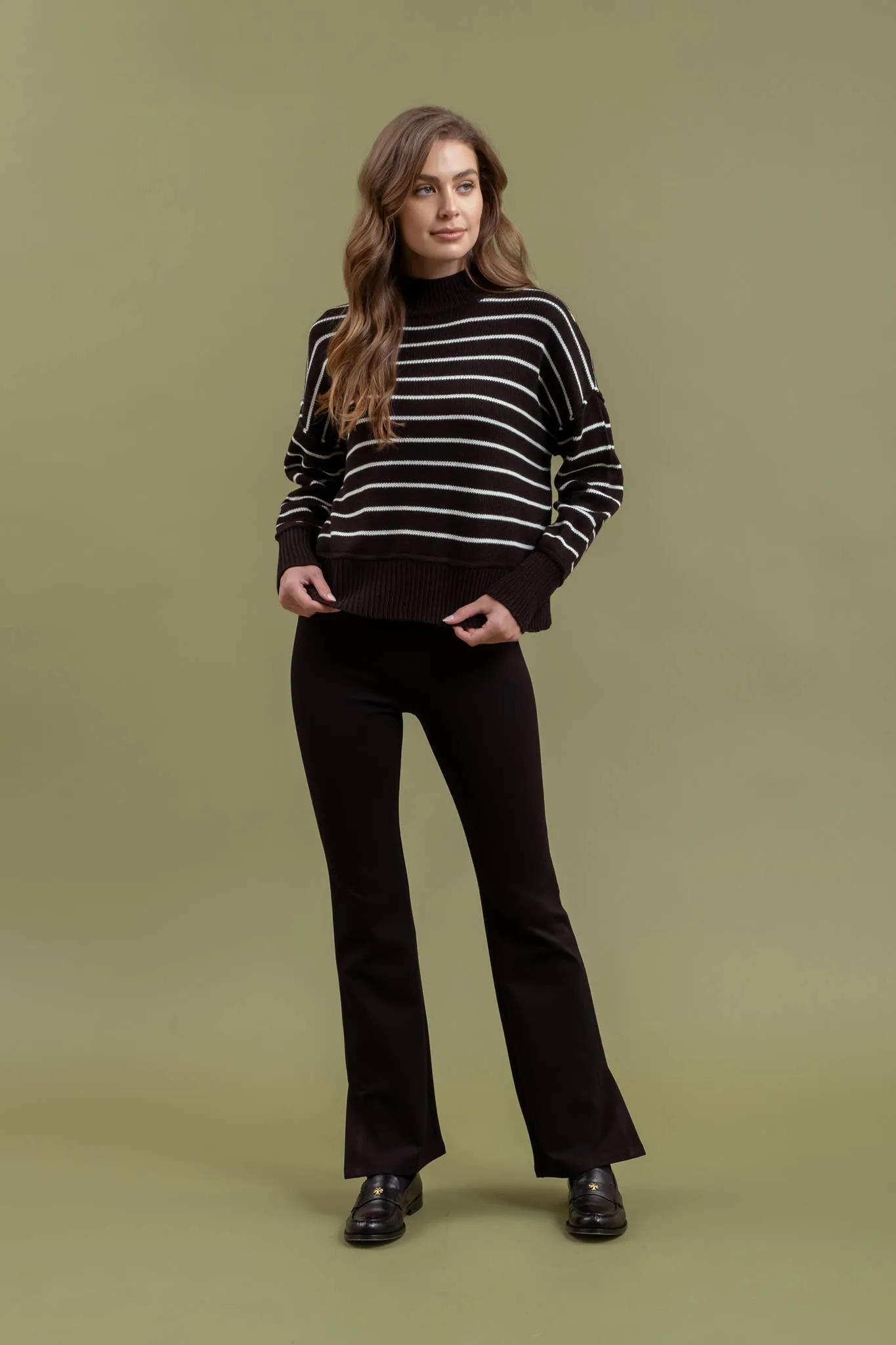 STRIPE MOCK NECK SIDE SPLIT KNIT PULLOVER SWEATER