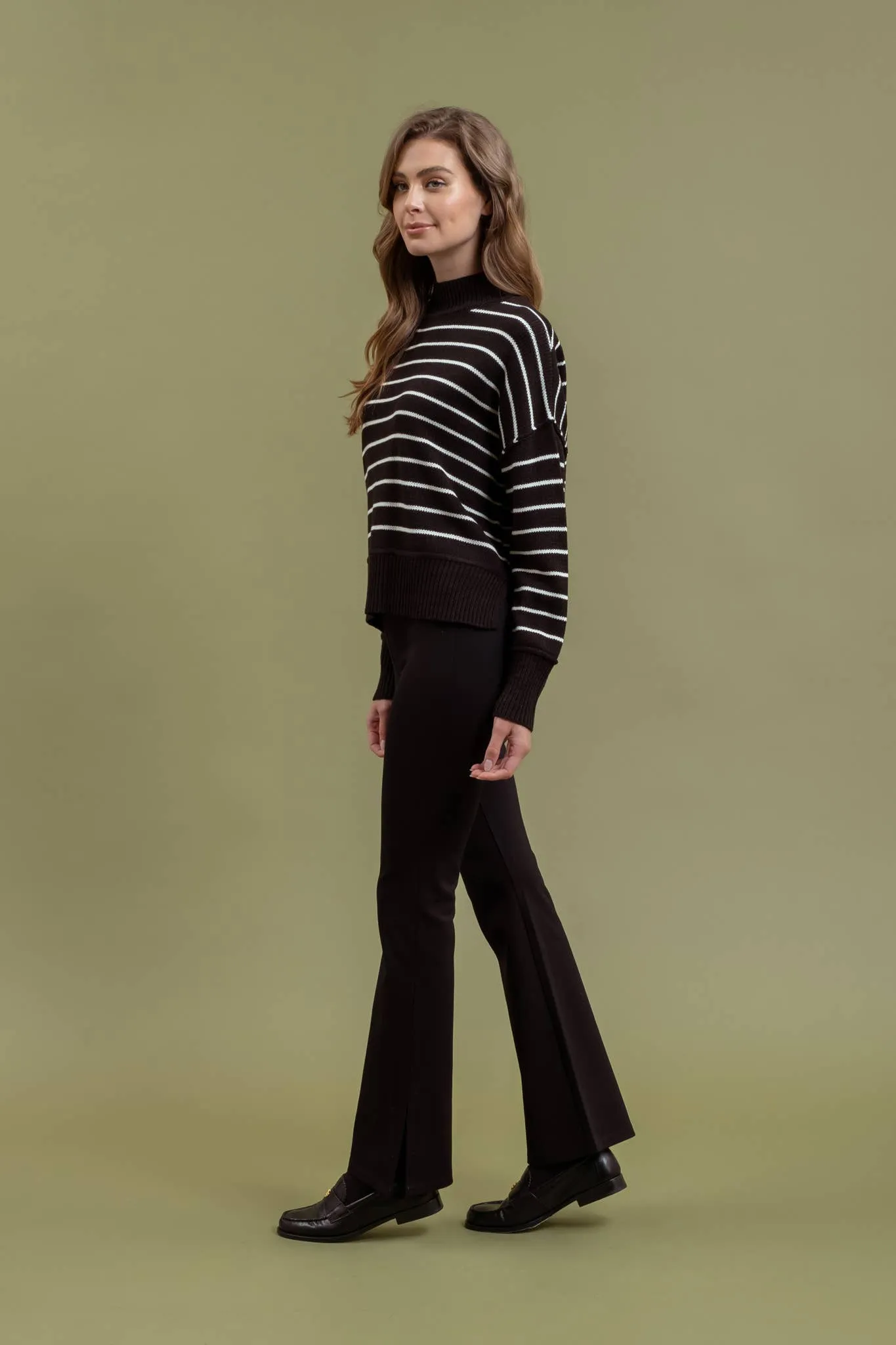 STRIPE MOCK NECK SIDE SPLIT KNIT PULLOVER SWEATER