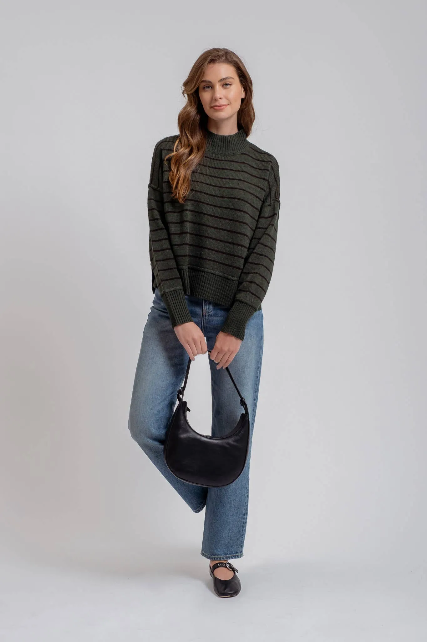 STRIPE MOCK NECK SIDE SPLIT KNIT PULLOVER SWEATER