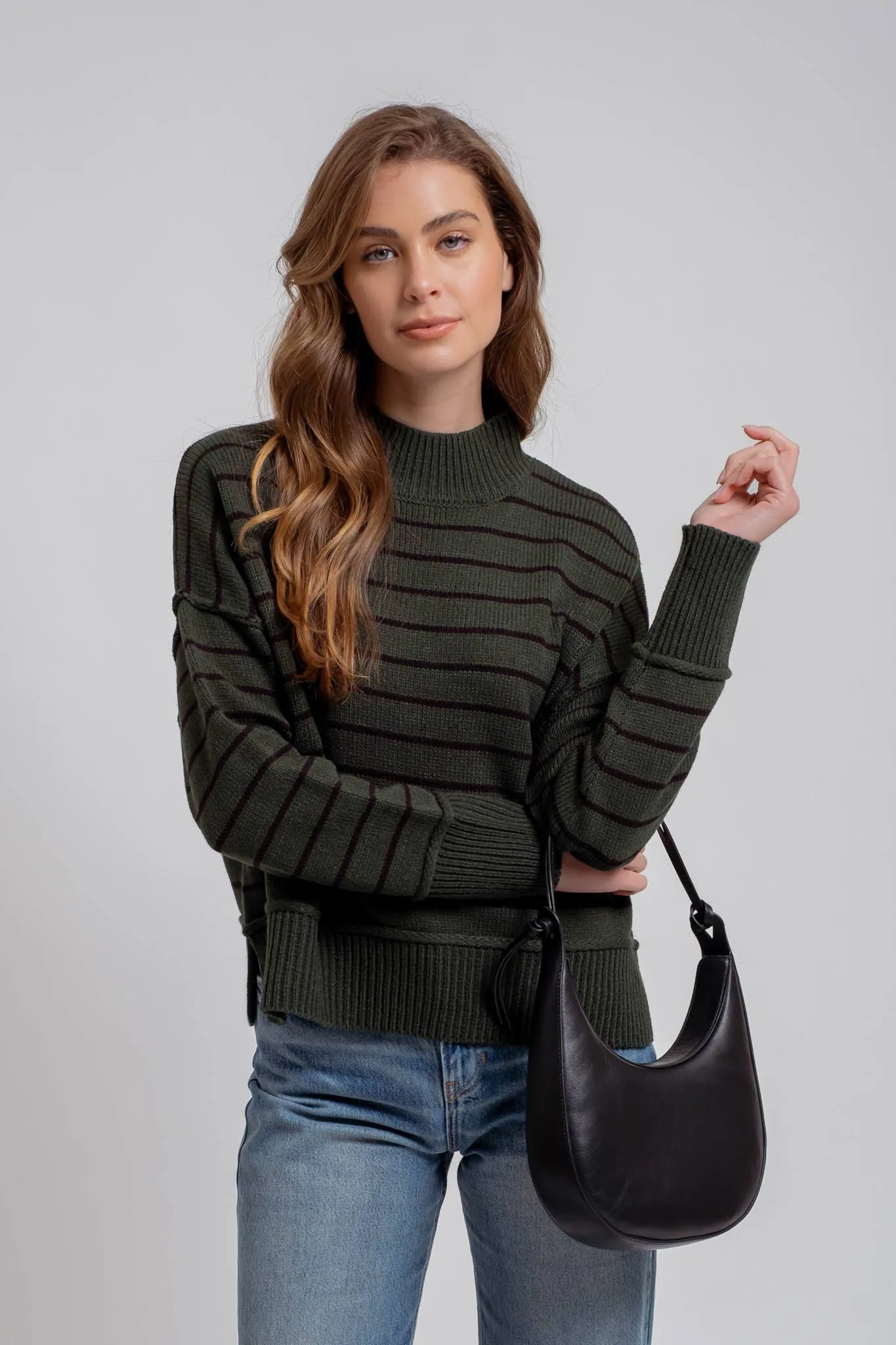 STRIPE MOCK NECK SIDE SPLIT KNIT PULLOVER SWEATER