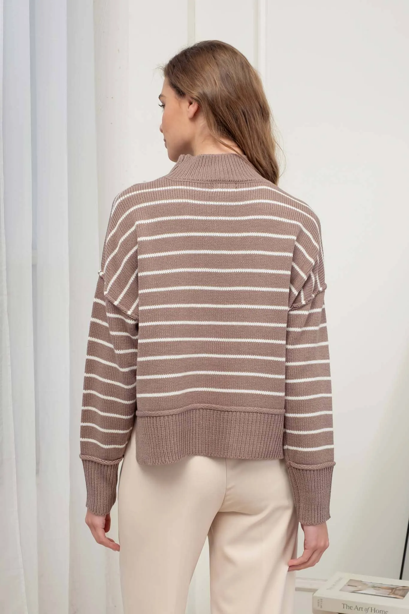 STRIPE MOCK NECK SIDE SPLIT KNIT PULLOVER SWEATER