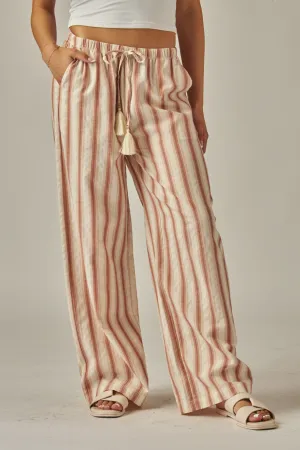 Sunset Red Striped Relaxed Wide Leg Linen Pants 3/4/25 9666