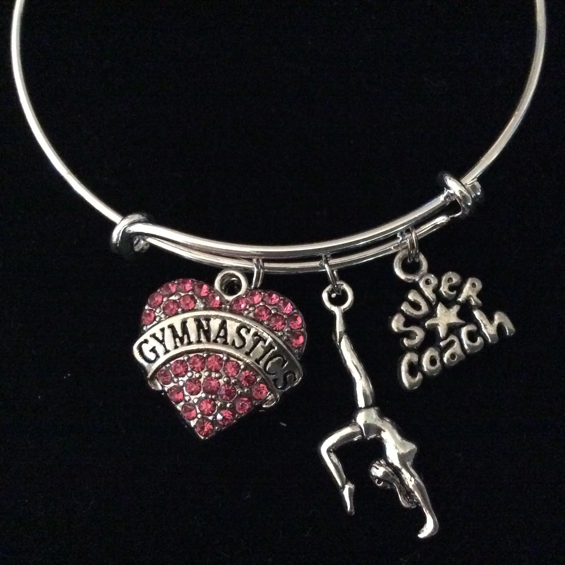 Super Coach Gymnastics Crystal Heart Expandable Charm Bracelet Adjustable Wire Bangle Girl Gift Gymnast Sport