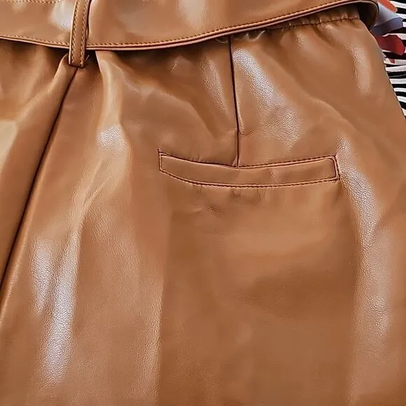 Super High Waisted Faux Leather Tie Front Shorts Size Large, Tan, NWT