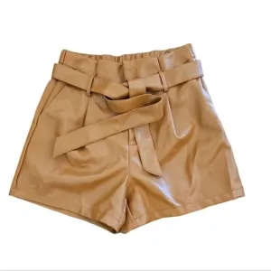 Super High Waisted Faux Leather Tie Front Shorts Size Large, Tan, NWT
