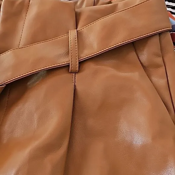 Super High Waisted Faux Leather Tie Front Shorts Size Large, Tan, NWT