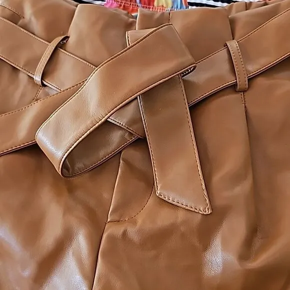 Super High Waisted Faux Leather Tie Front Shorts Size Large, Tan, NWT