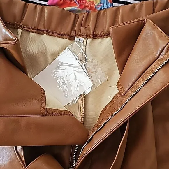 Super High Waisted Faux Leather Tie Front Shorts Size Large, Tan, NWT