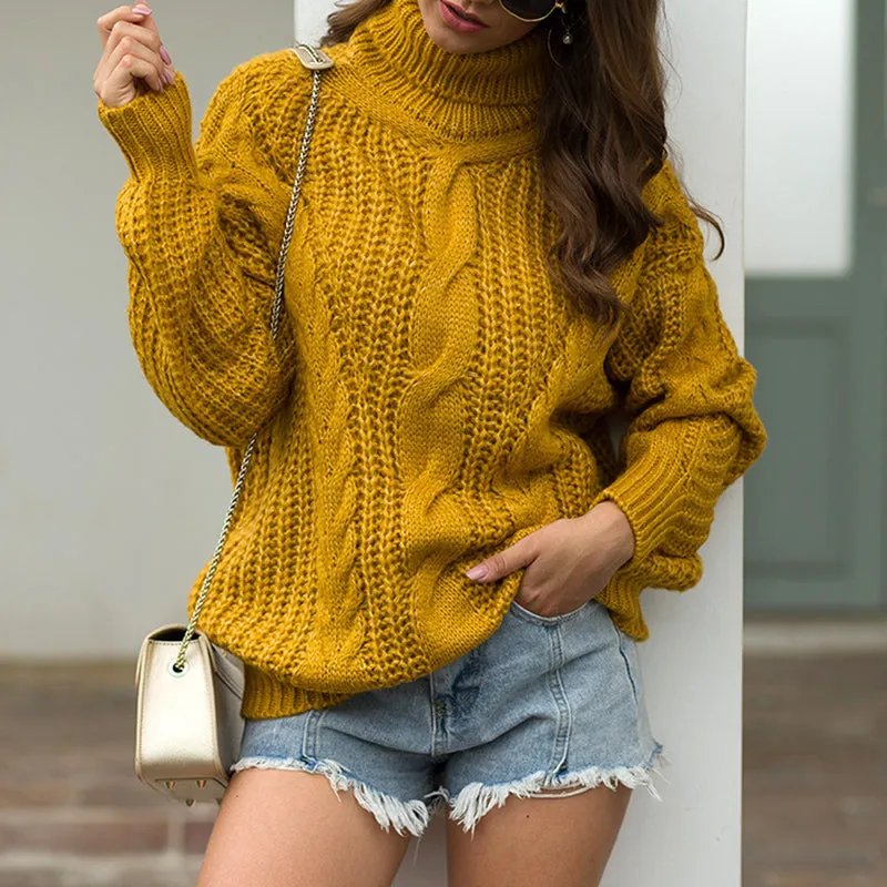 Sweater Thick-line Twisted Turtleneck Pullover Sweater