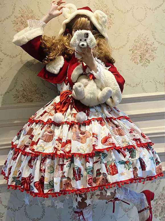 Sweet Lolita JSK Dress Polyester Sleeveless Bows Lace Up Red Sweet Lolita Jumper Skirt