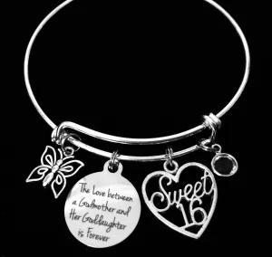Sweet Sixteen GodDaughter Silver Adjustable Bangle Charm Bracelet Expandable Charm Bangle 16th Birthday 16
