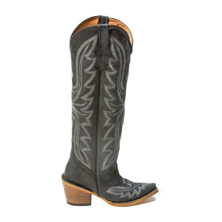 TANNER MARK WOMEN’S Oakley Crackle Black Fashion Heel Knee High Cowgirl Boots