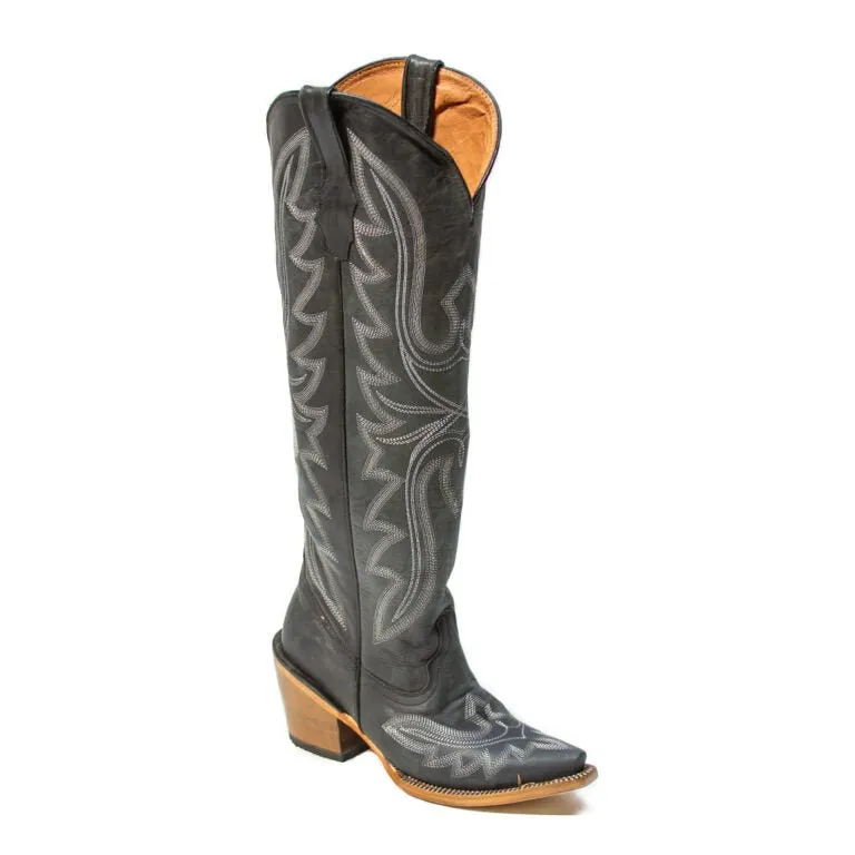 TANNER MARK WOMEN’S Oakley Crackle Black Fashion Heel Knee High Cowgirl Boots