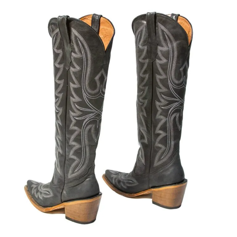 TANNER MARK WOMEN’S Oakley Crackle Black Fashion Heel Knee High Cowgirl Boots