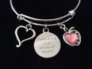 Teacher Appreciation Gift Expandable Charm Bracelet Silver Adjustable Bangle Pink Apple Heart Teaching is a Work of Heart