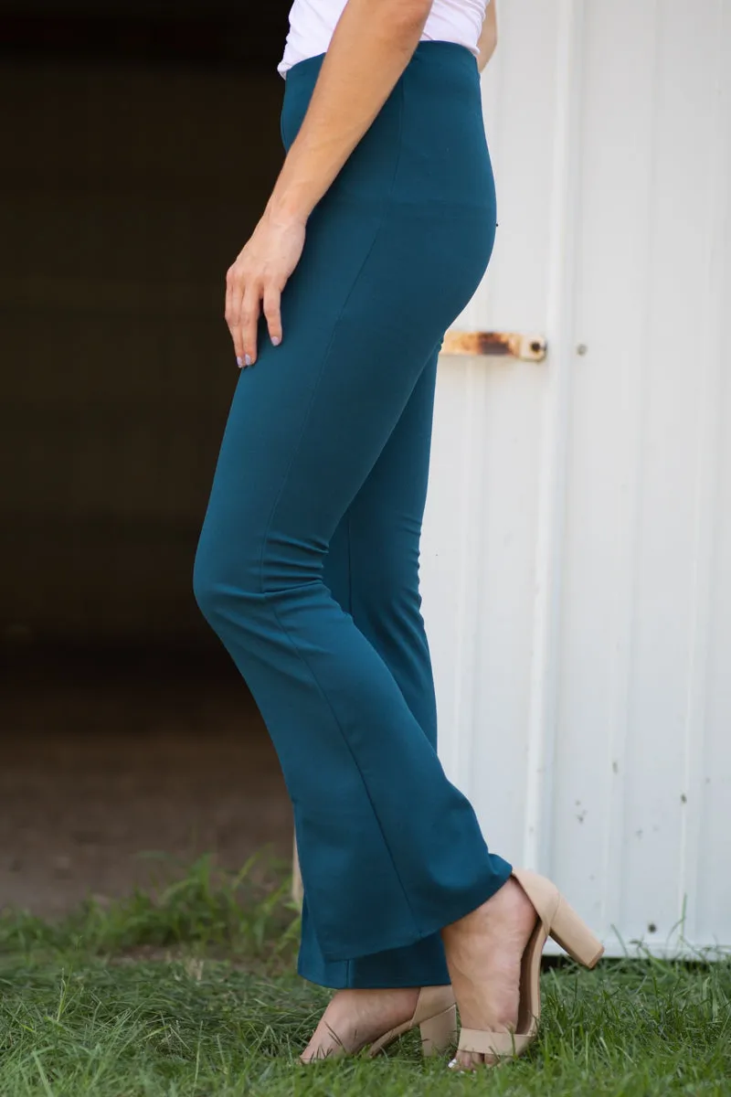 Teal Flare Pants With Front Slit