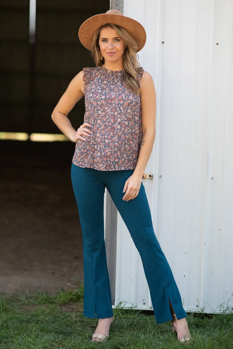 Teal Flare Pants With Front Slit