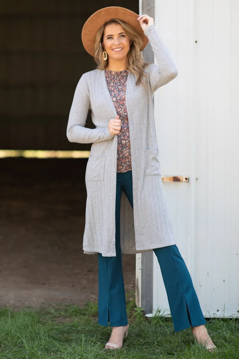 Teal Flare Pants With Front Slit