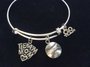 Team Mom Charm on a Silver Expandable Silver Wire Bangle Bracelet Sports Go Team Coach Gift Adjustable Softball Baseball