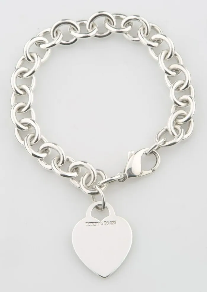 Tiffany & Co. Sterling Silver Blank Heart Tag Charm Bracelet 7.75"