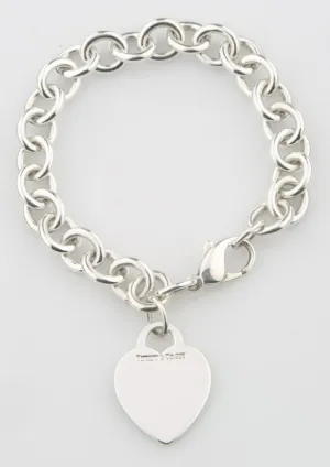 Tiffany & Co. Sterling Silver Blank Heart Tag Charm Bracelet 7.75"