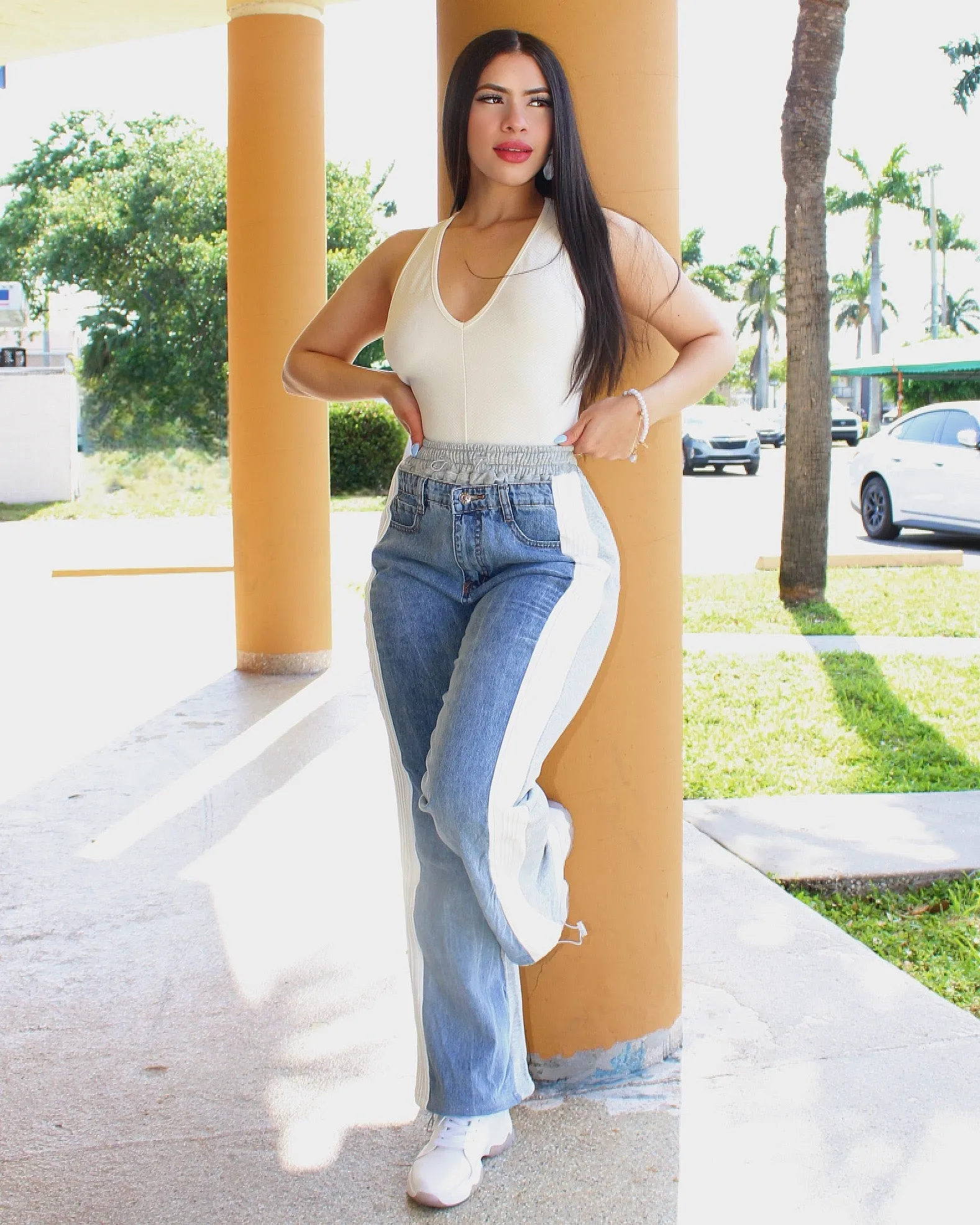 Toscana Two Tone Stripes on the Sides Jean Jogger Pants