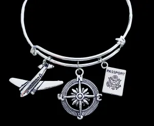 Travel Plane, Passport, Compass Expandable Adjustable Silver Wire Bangle Gift Trendy Unique Bracelet Trendy Fun Unique Handmade Made in USA