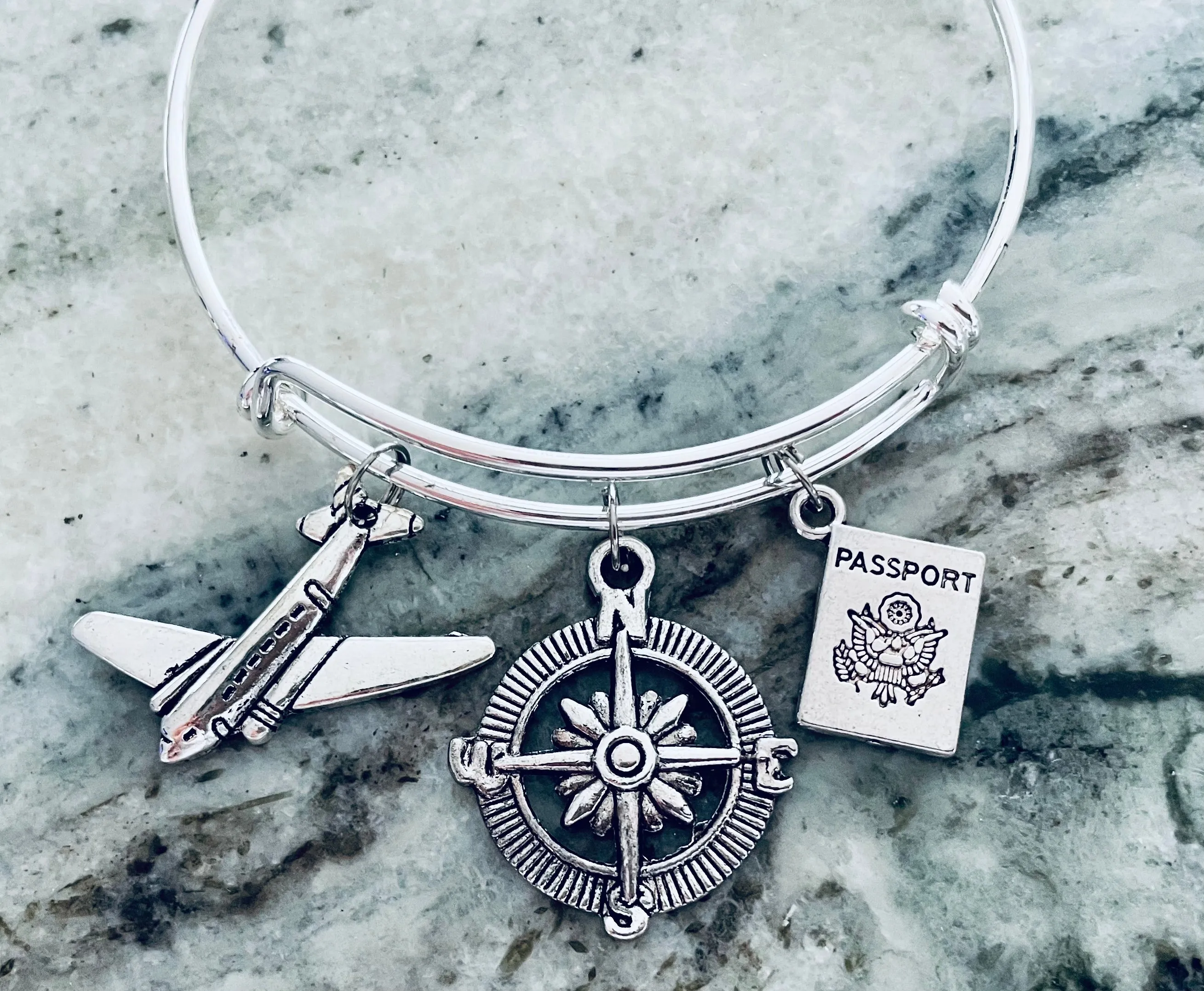 Travel Plane, Passport, Compass Expandable Adjustable Silver Wire Bangle Gift Trendy Unique Bracelet Trendy Fun Unique Handmade Made in USA