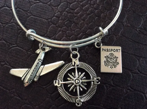 Travel Plane, Passport, Compass Expandable Adjustable Silver Wire Bangle Gift Trendy Unique Bracelet Trendy Fun Unique Handmade Made in USA