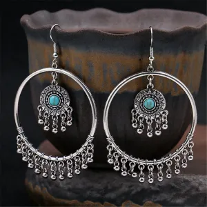 Turquoise & Silver-Plated Big Circle Drop Earrings